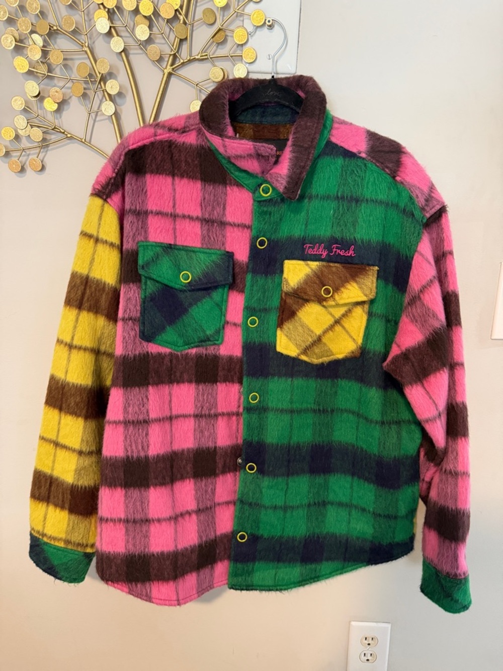 Teddy Fresh Multicolor Plaid Shacket with Pink, Green, Yellow and Brown Panels
